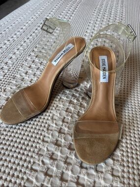 Steve Madden Clear Strap Tan Suede Block Heels